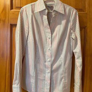 Worthington white with multi color pinstripes button down top